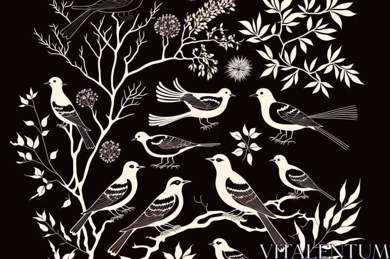 Intricate Black and White Bird Illustration with Australian Motifs AI Image