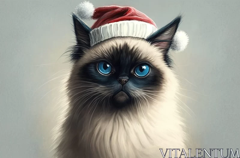 AI ART Siamese Cat in Christmas Hat - Detailed Realism Art