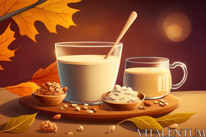 Warm Toned 2D Game Art Style Autumn Milk and Nuts Scene AI Image