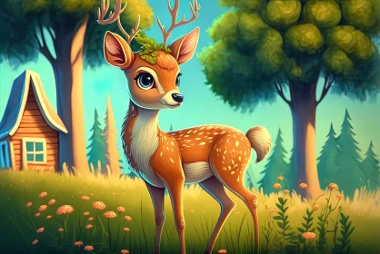 Whimsical Deer in Forest - Cartoon Realism Art