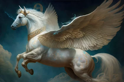 Ethereal White Winged Horse Soaring in the Sky AI Image