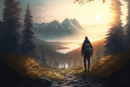 Serene Mountain Journey at Sunset - 2D Game Art Style