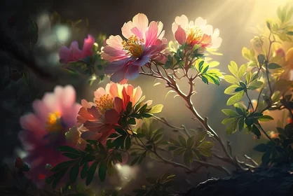 Sunlit Botanical Illustration - A Fusion of Japanese and Chinese Art