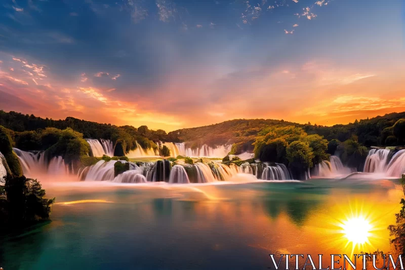 Sunset Over Plitvice Rivuleta - A Fantasy Landscape AI Image