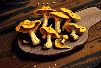Golden Mushrooms on Wooden Board - A Neo-Pop Illustration AI Image