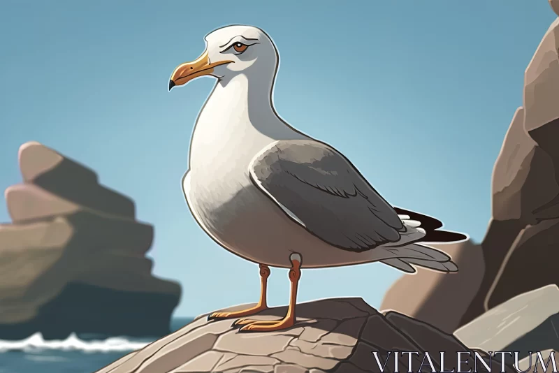 Seagull on Rocks - Cartoon Illustration AI Image