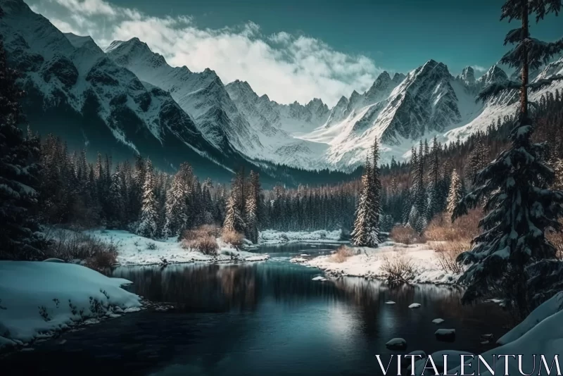 Snow-Covered Mountains by River: A Serene Winter Landscape AI Image