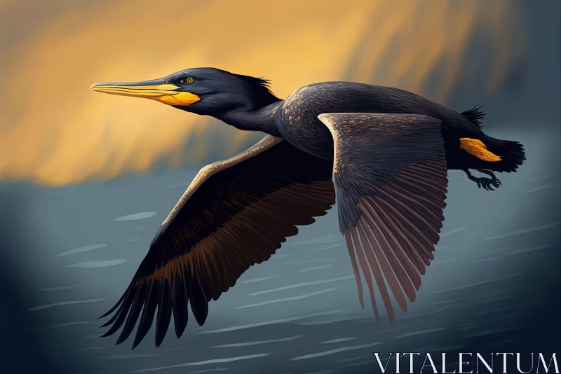 Cormorant Bird Flying Over Ocean - Flat Shading Art AI Image