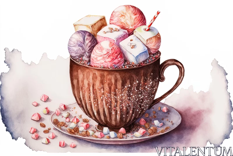 Fantastical Watercolor Illustration of Hot Chocolate and Sweets AI Image
