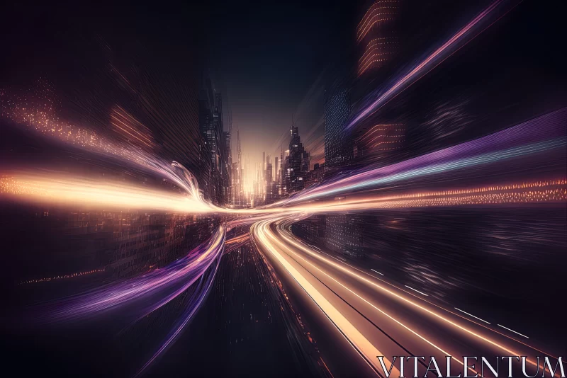 Futuristic City Night Scene with Blurred Light Trails AI Image