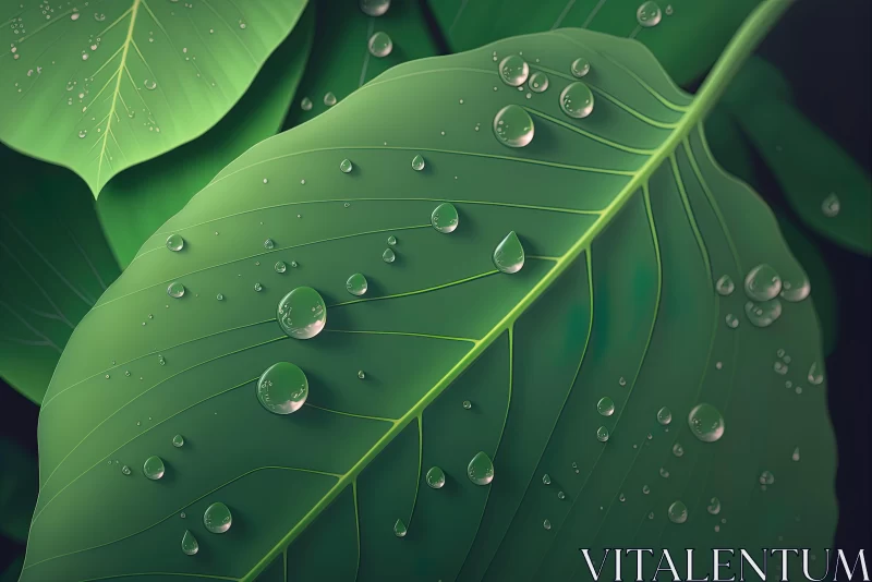 Exquisite Green Leaf with Water Drops Wallpaper AI Image