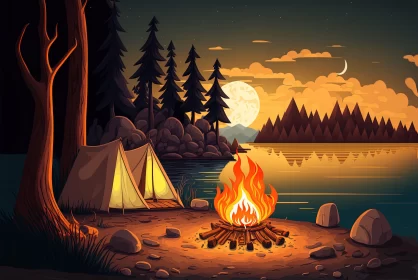 Moonlit Campfire by the Ocean - A Night Camping Adventure AI Image