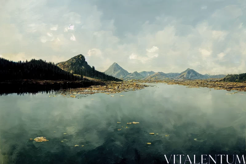 Mountain Lake Panorama: A Conceptual Digital Art Representation AI Image