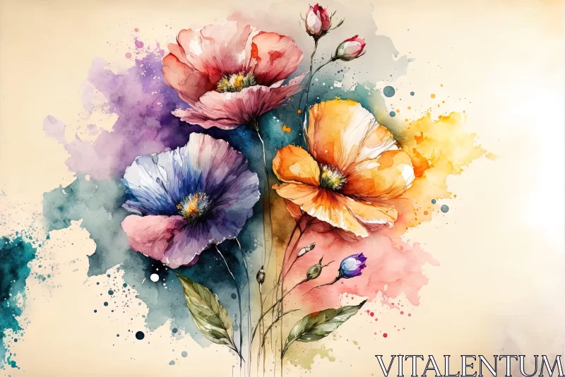 Watercolor Painting of Colorful Flowers with a Touch of Fantasy AI Image