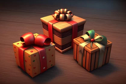 3D Christmas Presents in 2D Game Art Style on Wooden Table AI Image