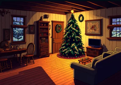 Cozy Cabincore Christmas Scene in Cartoon Realism