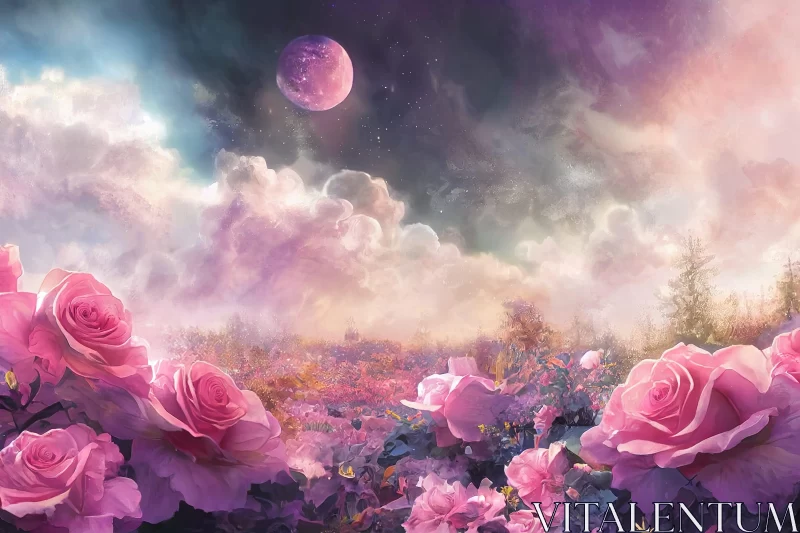 Fantasy-Inspired Art: Pink Roses in Multicolored Landscapes AI Image