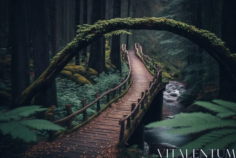 Serene Forest Scene with Arch Bridge and Lush Foliage AI Image