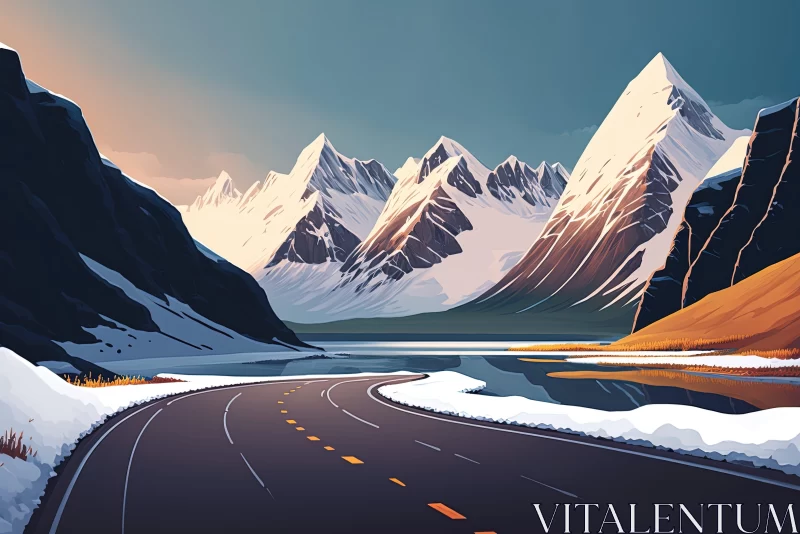 Winter Mountain Road - Detailed Illustrative Art AI Image