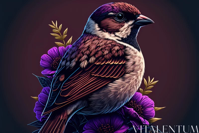 Floral Bird in Purple and Red - Realistic Wildlife Portraiture AI Image