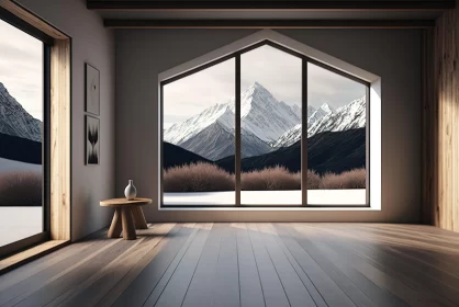 Modern Interior Design with Mountain View - Tranquil Snow Scenes AI Image