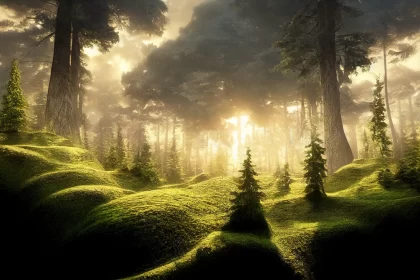 Sunrise Over a Lush Forest - A Surreal 3D Landscape