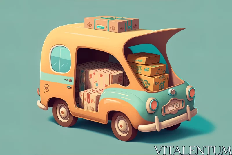 Travel-Inspired Cartoon Van with Boxes - Artistic Illustration AI Image