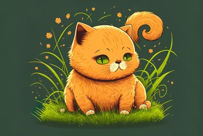 Amber-toned Anime Art: Cartoon Cat amidst Lush Greenery