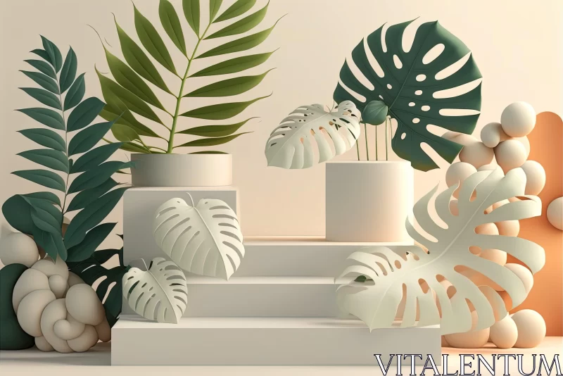 3D Rendered Illustration of Tropical Plants in Neutral Palette AI Image