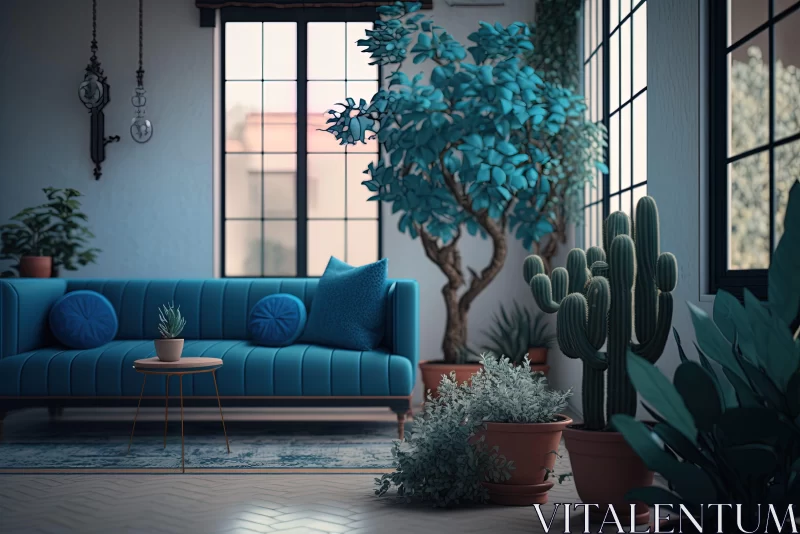 Blue Couch in Plant-Filled Living Room with Industrial and Mediterranean Inspiration AI Image