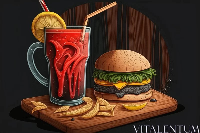 Intricate Burger and Drink Illustration in Comic Art Style AI Image