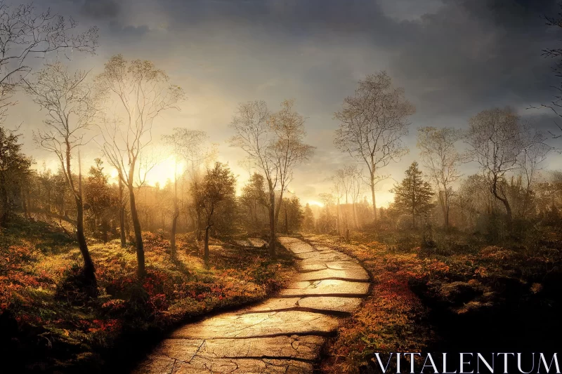 Sunlit Forest Path: A Fusion of Warm Colors and Rustic Charm AI Image