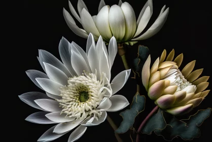 White and Yellow Lotus Flowers Against Black Background