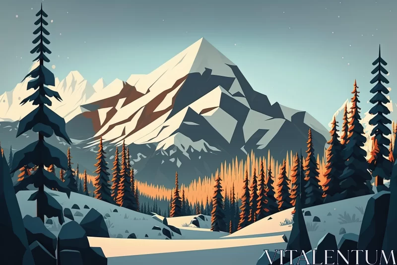 Winter Mountainscape: A Flat Color Artwork with Emphasis on Character Design AI Image