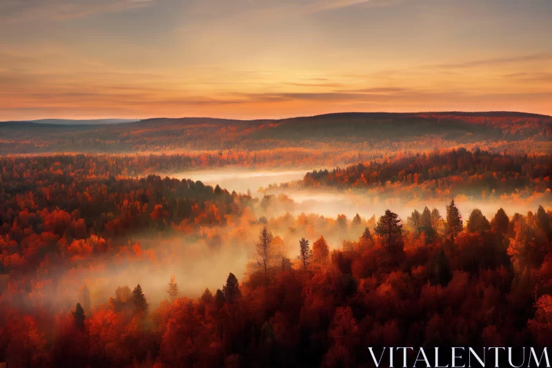Autumn Sunlight Over Fog Filled Forest - Aerial View AI Image