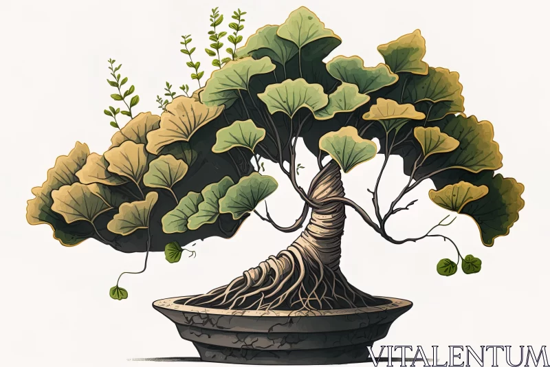 Bonsai Tree in Green Pot - Traditional Chinese Style Illustration AI Image
