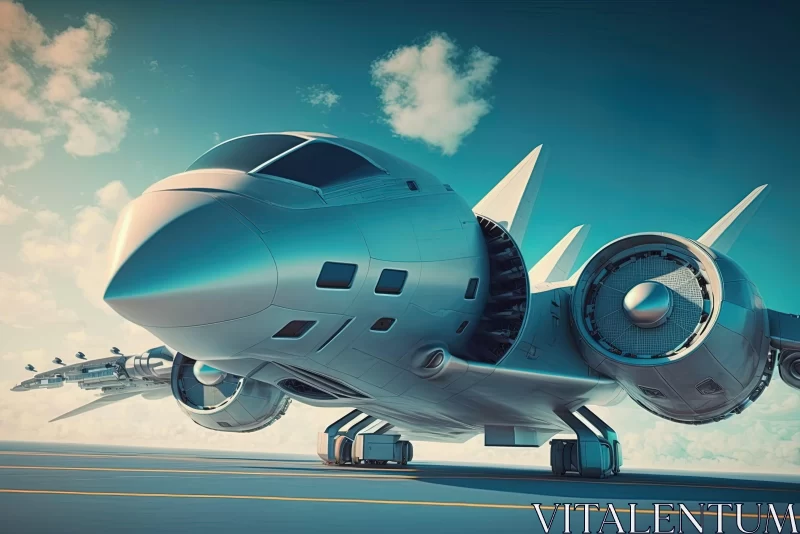 Futuristic Digital Art: Silver and Cyan Airplane in Flight AI Image