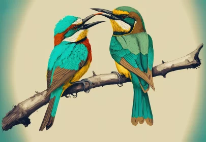 Vivid Illustration of Colorful Birds Perched on a Branch