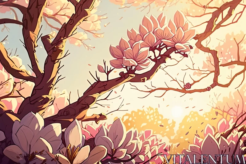 Digital Painting of Pink Flowers in the Woodlands AI Image