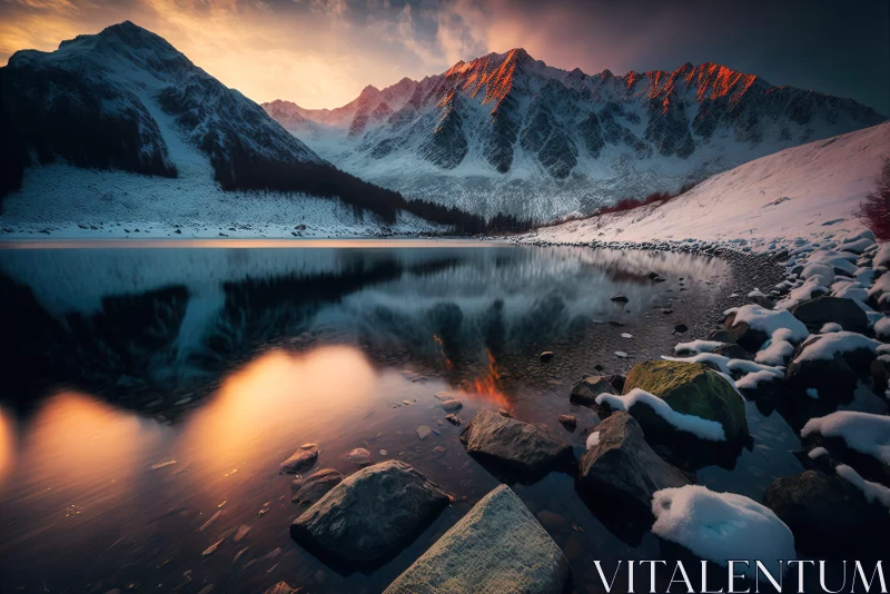 Mountain Reflection in Lake at Sunset - Nature's Tranquility AI Image