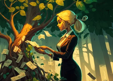 Woman Collecting Bills under a Tree: A 2D Game Art Illustration