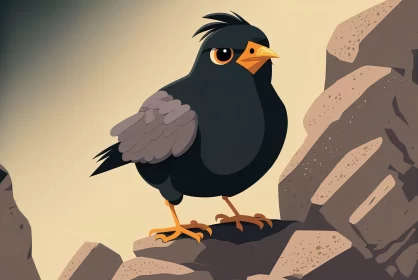 Black Bird on Rock: A Detailed and Stylized Character Illustration
