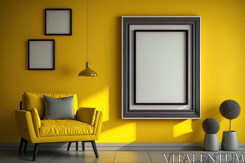 AI ART Modern Living Room with Yellow Walls and Artistic Framing