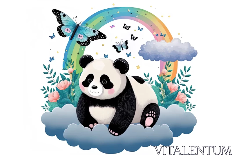 Panda on Clouds with Rainbow and Butterflies Illustration AI Image