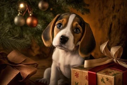 Christmas Beagle Puppy with Presents