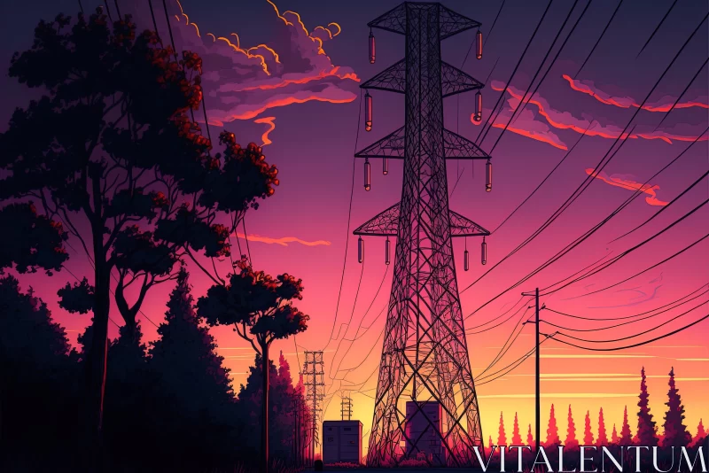 Electric Pylons, Trees and Sunset: A Hikecore Inspired Realist Landscape AI Image