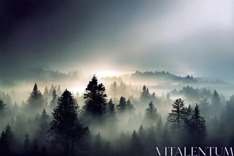 Misty Sunrise Over Foggy Forest - Nature's Beauty Unveiled AI Image