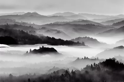 Tranquil Foggy Mountain Landscape in Monochrome