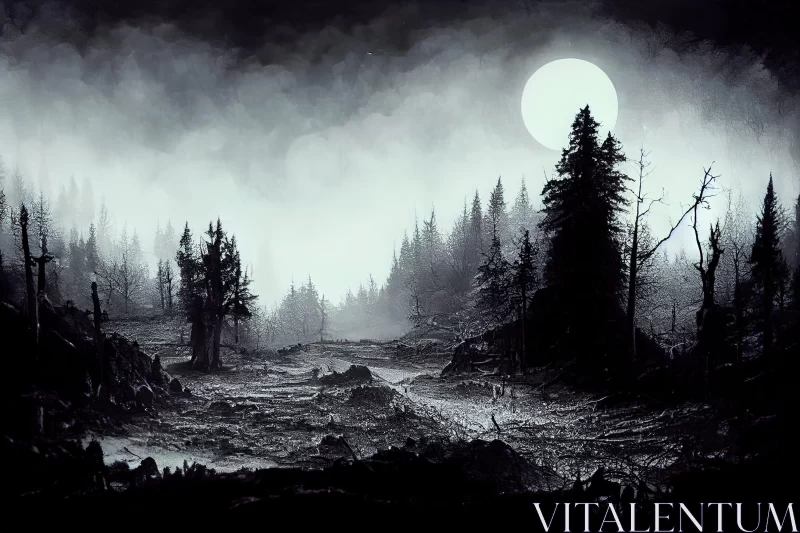 Monochromatic Digital Art - Moonlit Forest Panorama AI Image