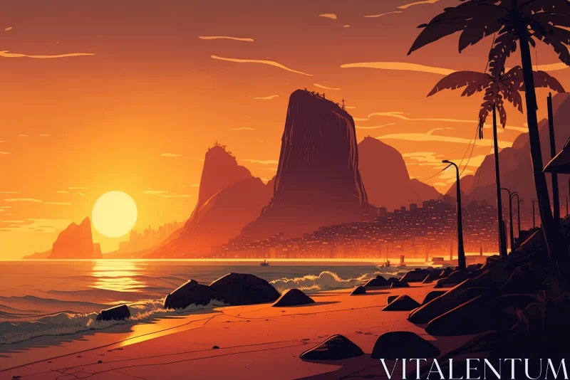 Sunset Beach Digital Art with Mountainous Background AI Image